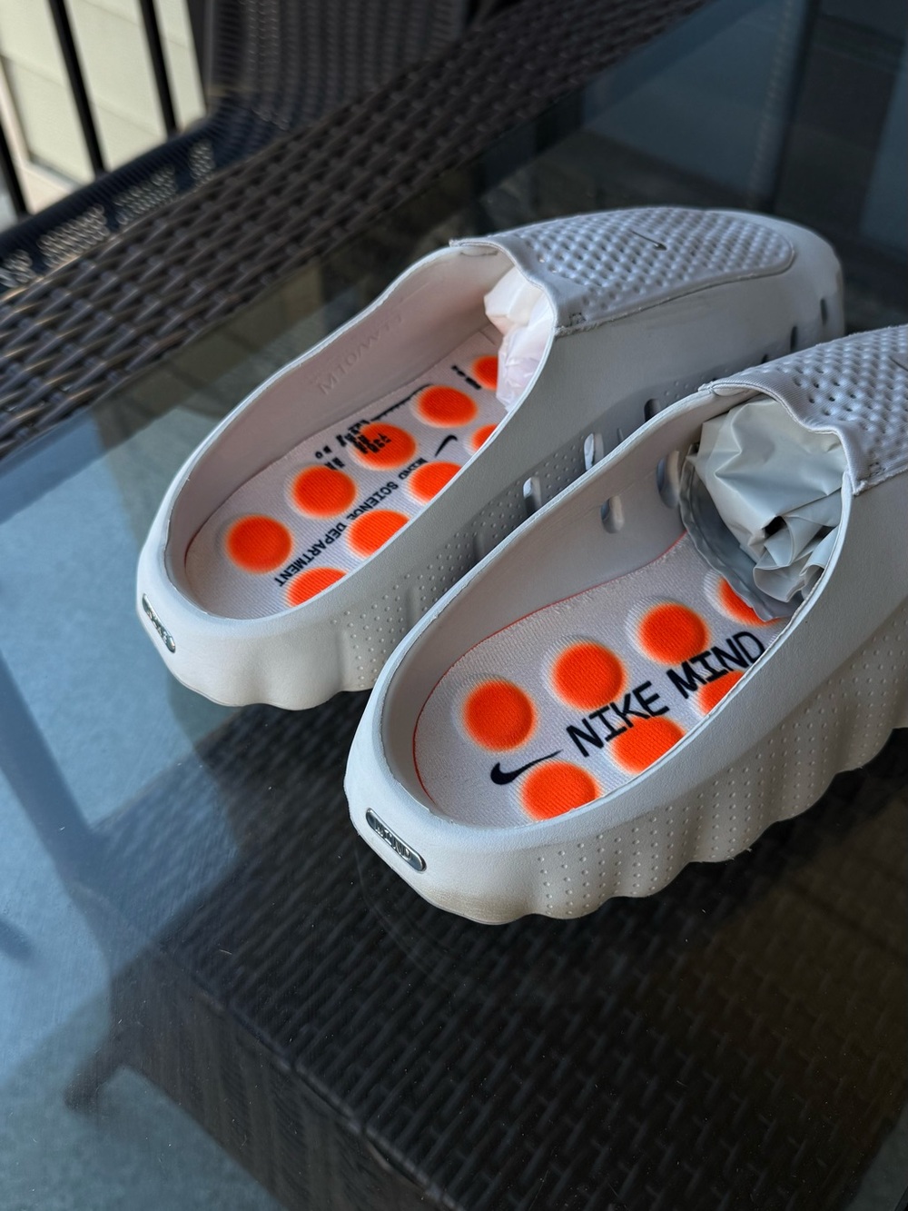 Nike White Men's Slip-On Foam Sandals with Silver Swoosh and Orange Accents - Picture 3 of 4